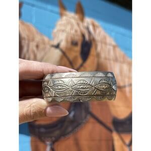 Vintage Navajo Sterling Silver Stamped Cuff Bracelet Signed W Wide 1” Heavy 38g